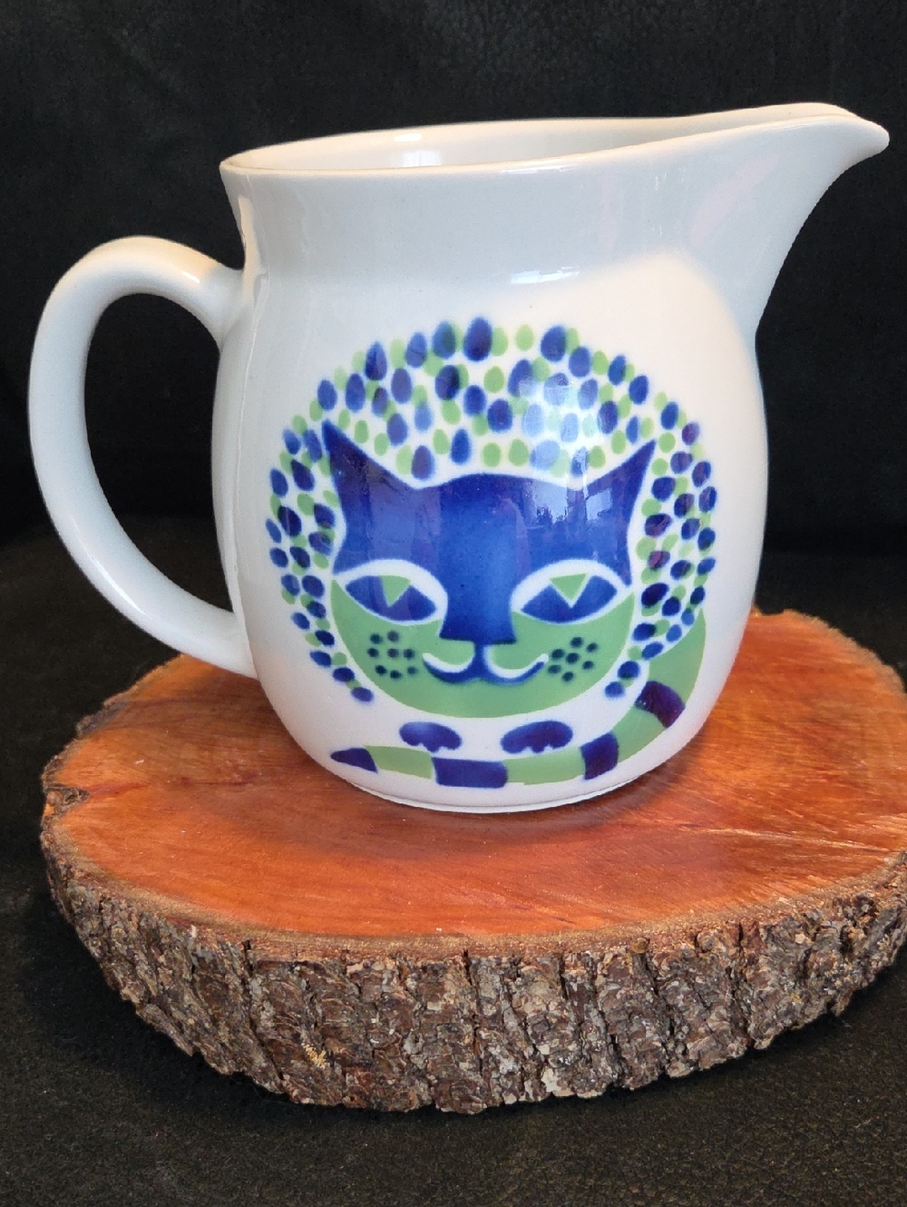 Arabia Vintage Finland White Ceramic Creamer Pitcher with Blue & Green Cat Motif
